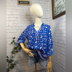 ELLE Blue and pink Floral Printed Rolled Sleeve Blouse
